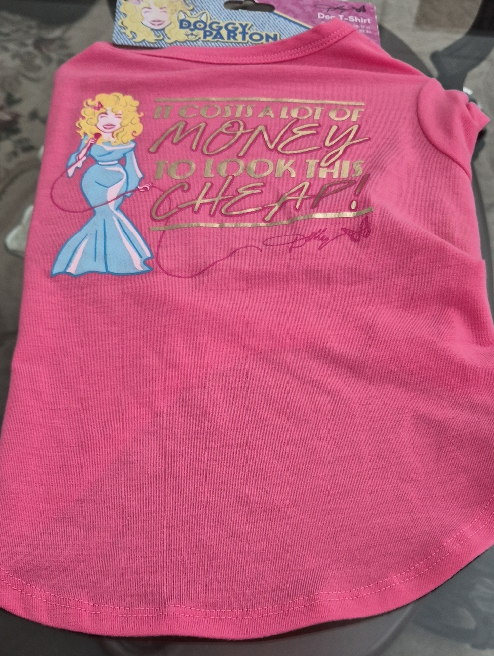 Dollcake Pink Dog Tee with Gold Foil Slogan and Blue Character